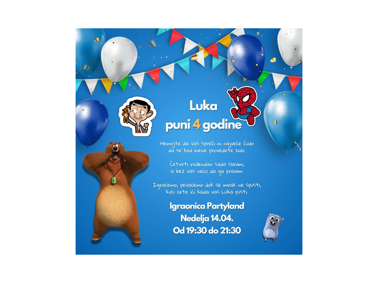 Blue background birthday invitation for a 4th birthday, featuring balloons, Spider-Man, and Mr. Bean.