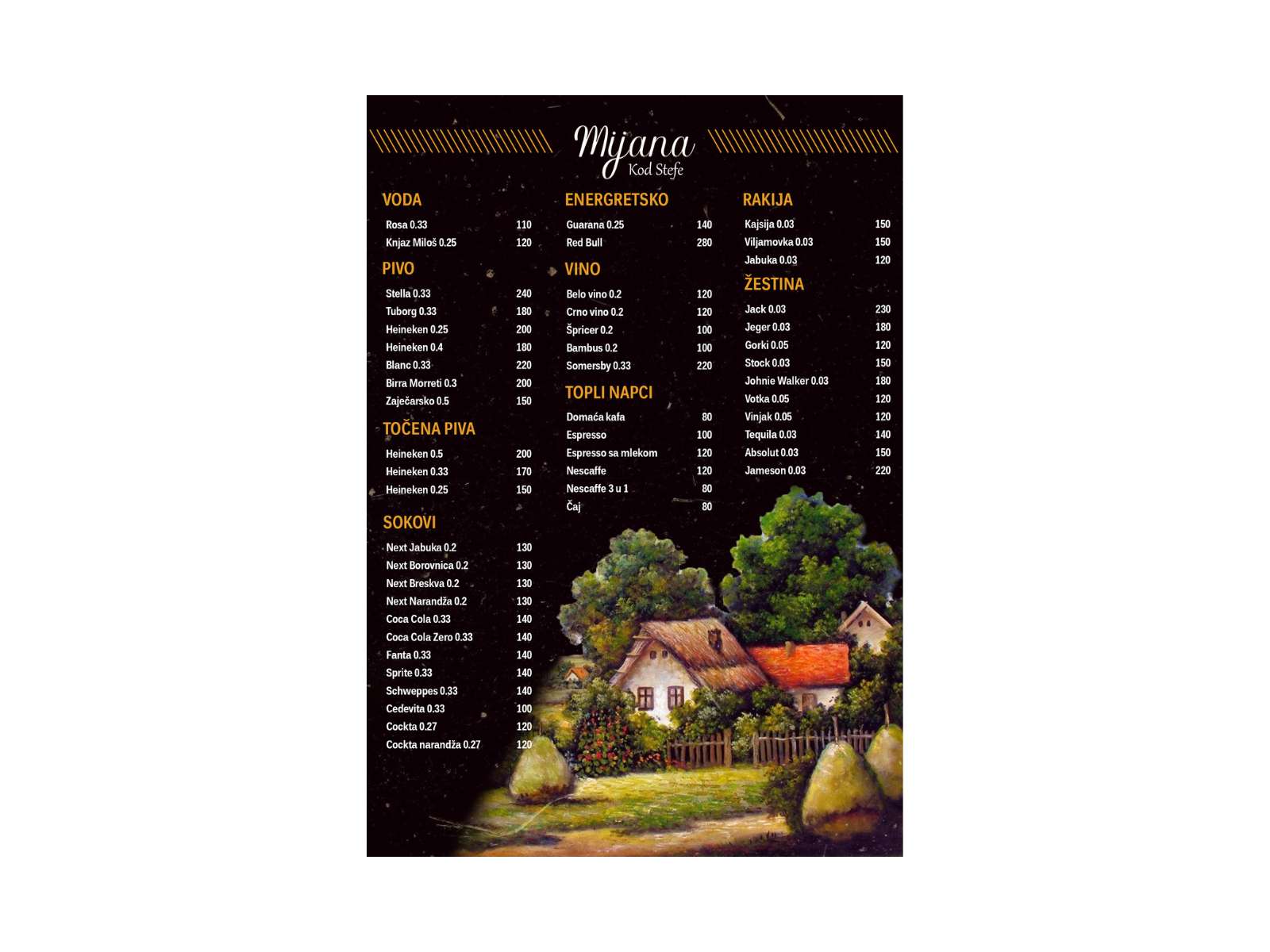 Vintage-style menu of café Mijana kod Stefe with black background, white patterns, orange drink categories, white drink names and prices, and an illustration of a Vojvodina farmstead in the bottom right corner.
