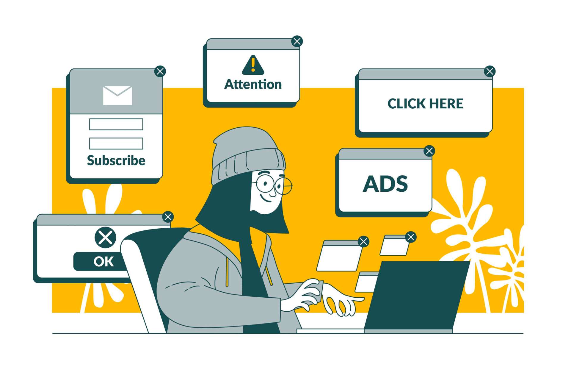 Woman adjusting ads on a laptop, with advertising elements around her, representing Google Ads services.