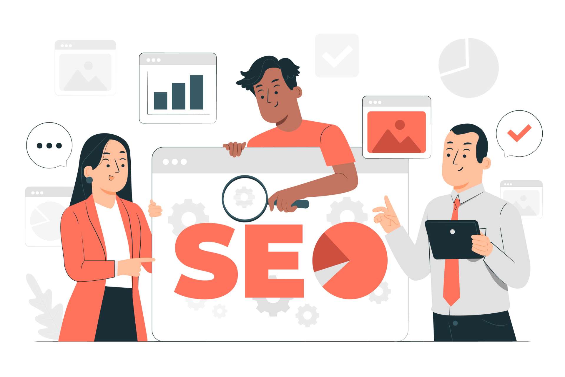 Two men and one woman looking at the SEO term, with elements representing SEO and search engines around them.
