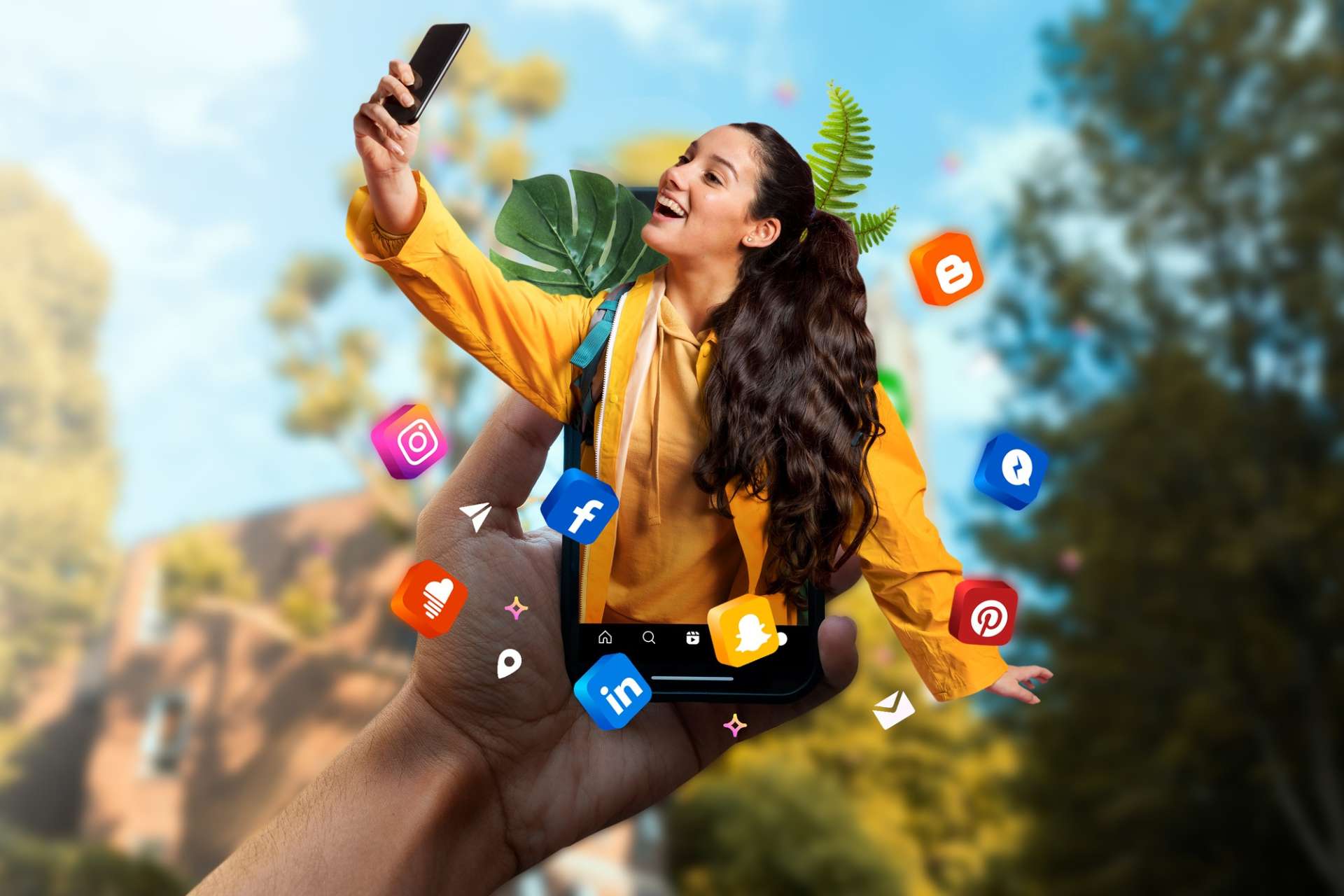 Woman holding a phone in water, surrounded by social media logos, representing social media marketing services.