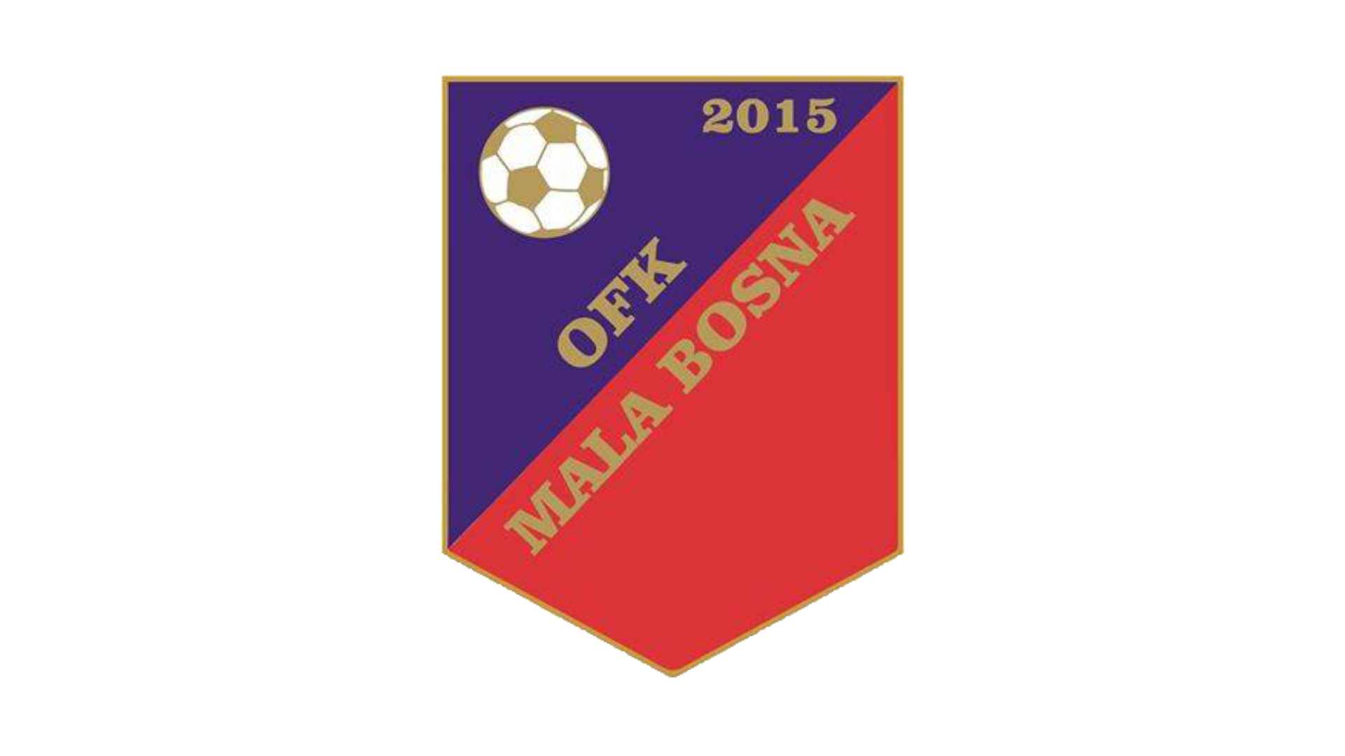 Logo of football club Mala Bosna, divided into purple and red halves, featuring a white and gold soccer ball, club name, year 2015, in a pentagon shape.